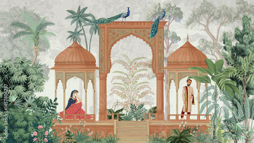 Traditional Mughal garden palace, arch, peacock, swans on the lake vector illustration. Mughal wedding outdoor background design. Mughal miniature wallpaper.