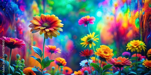 Psychedelic Garden Glitch Art: Vibrant Floral Pattern with Copy Space