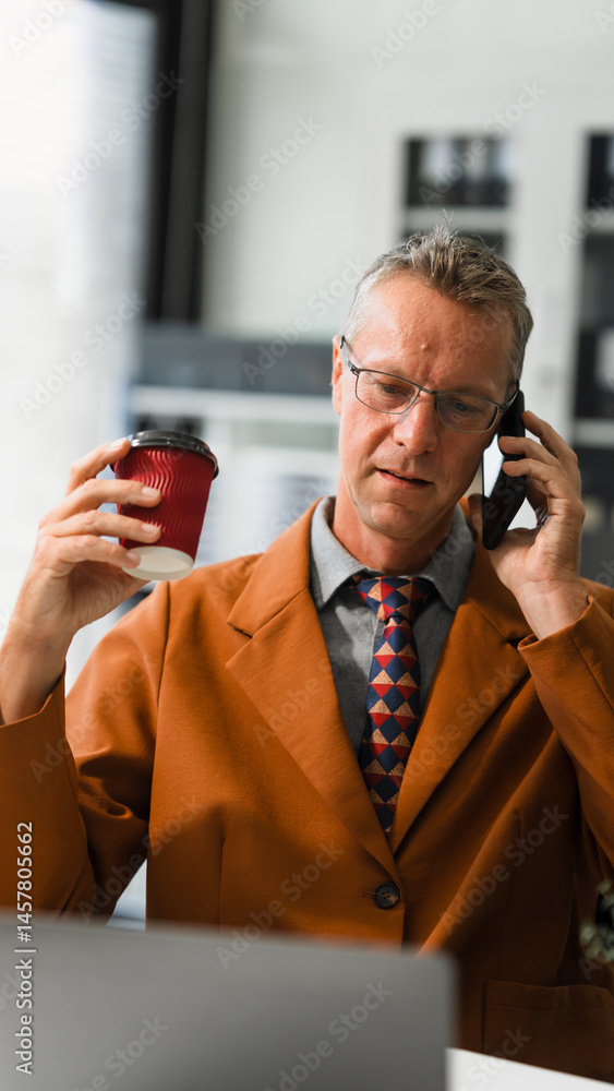 An elderly Caucasian male lawyer works at his desk in a law firm, offering legal advice and business law services. A gavel and documents symbolize justice and professionalism