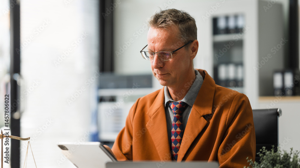 An elderly Caucasian male lawyer works at his desk in a law firm, offering legal advice and business law services. A gavel and documents symbolize justice and professionalism