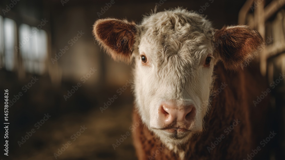 Fototapeta premium A solitary dairy cow with textured fur, bathed in gentle light, embodying rustic serenity. 