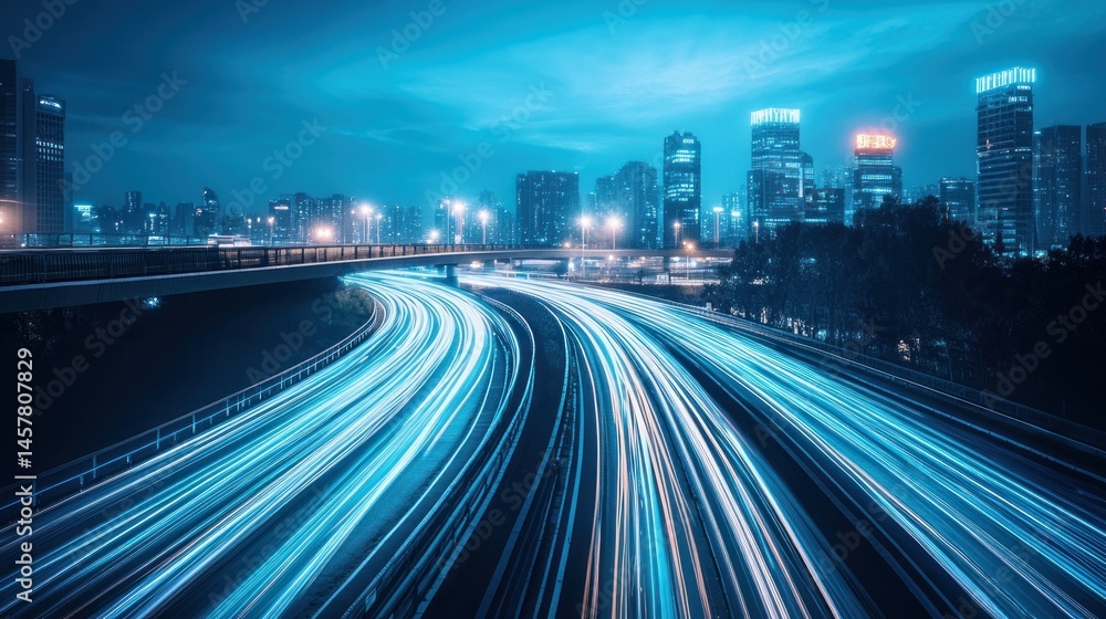 Fototapeta premium Night City Highway: Lightspeed Traffic Through Urban Skyline