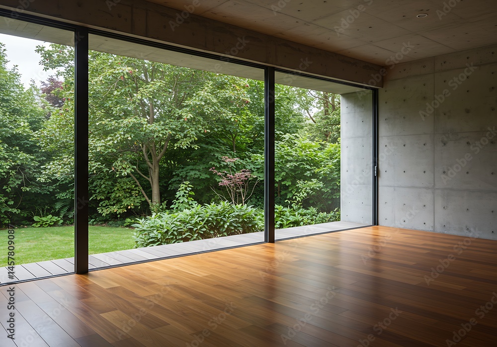 Obraz premium Interior view of a room with wooden floor and a large window looking out onto a green garden area