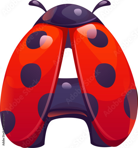 Ladybug cartoon font letter A. Red ladybird kids ABC typeset letter, garden ladybug beetle cartoon vector typeface symbol. Spring lady bug type element or English alphabet font sign