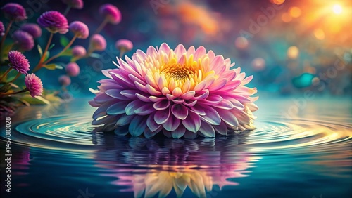 Retro Chrysanthemum Floating on Serene Pond: Surreal Web Wallpaper