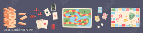 Flat cartoon boardgame set with colorful game elements. Includes jenga blocks, poker chips, and snake path tiles. Features dice, money, table cards for fun entertainment. Ideal for childhood leisure,