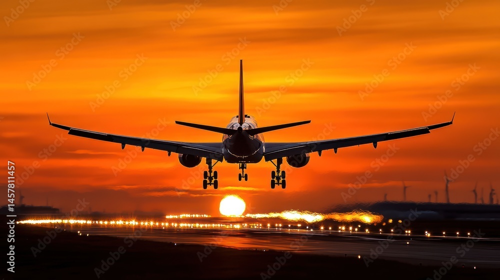 Airplane landing at sunset Airplane landing at sunset