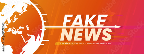 Fake news banner with speeding arrow, world map and bold warning headline. Vector media disinformation alert with red orange gradient background and bold typography for misinformation concept