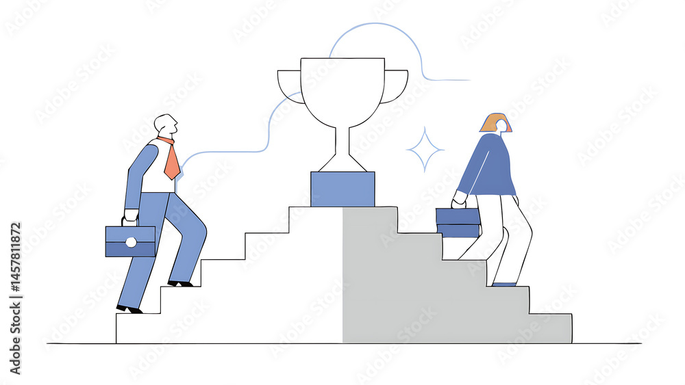 business competition employee motivation to success rivalry or conflict contest or challenge to achieve target effort concept businessman and businesswoman walk up stair compete to win trophy 050625 business competition employee motivation to success rivalry or conflict contest or challenge to achieve target effort concept businessman and businesswoman walk up stair compete to win trophy 050625