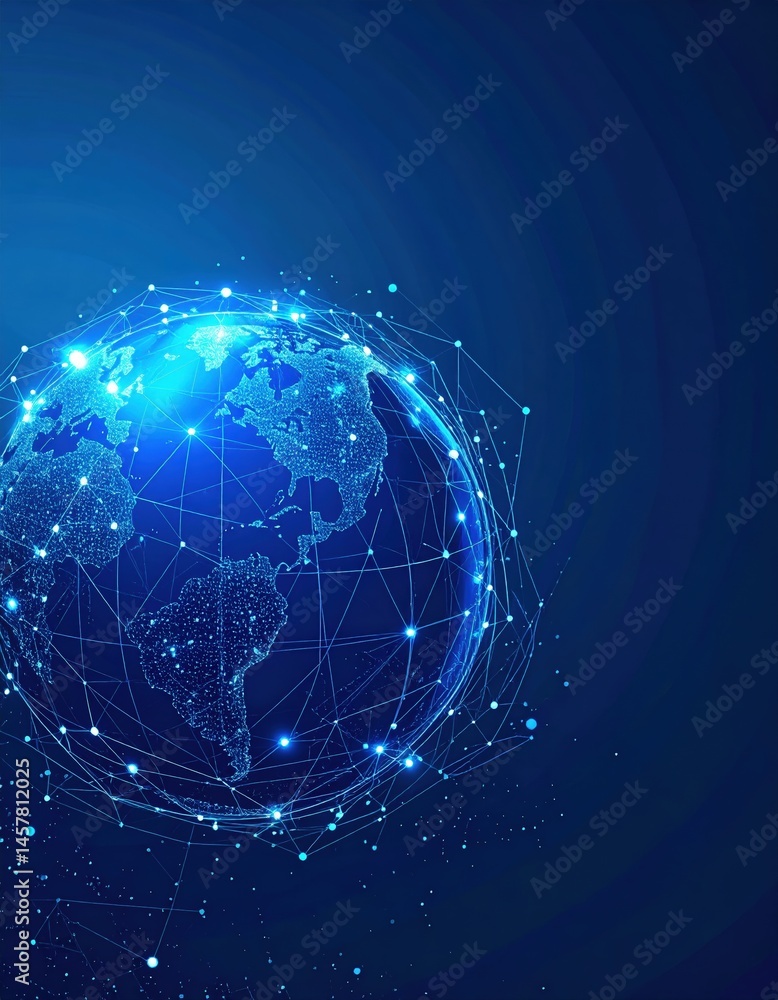 Obraz premium A detailed depiction of Earth showcasing a network of glowing connections and dots, symbolizing global communication and interconnectedness across continents.