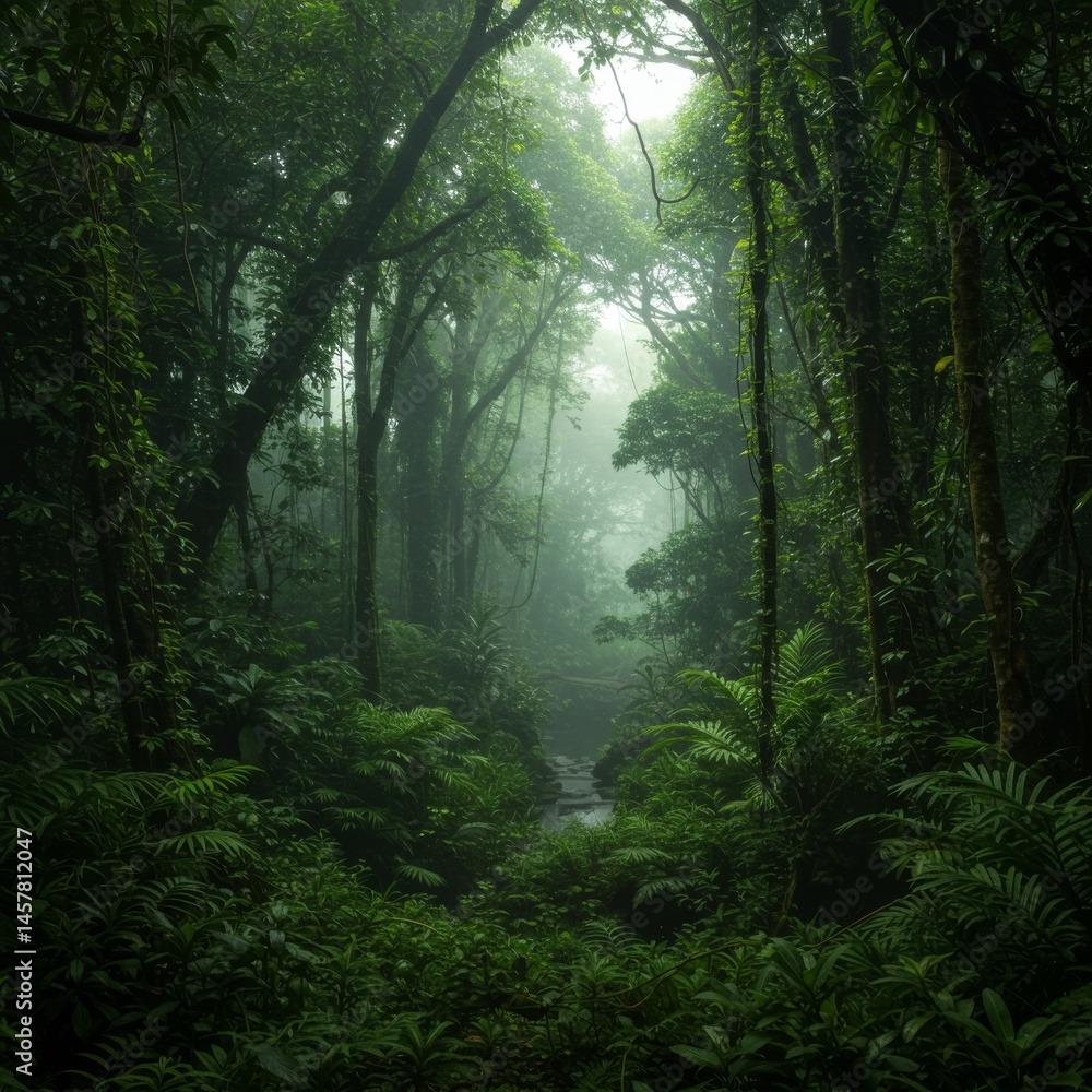 Fototapeta premium Lush Green Rainforest Path with Fog