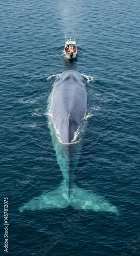 Blue Whale and Research Vessel in Deep Blue Ocean