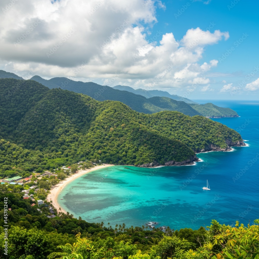 Obraz premium Tropical Island Beach with Turquoise Water and Lush Green Mountains