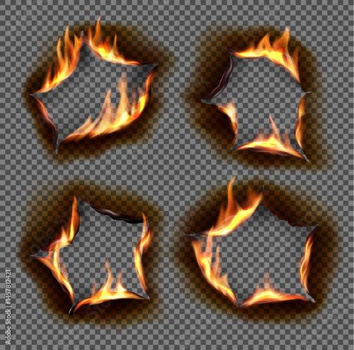 Realistic fire burn holes and edges. 3d Vector scorched paper effect with glowing fire, hot smoke and dark charred border in dynamic burning shapes. Burnt holes with flaming edges on transparent bg