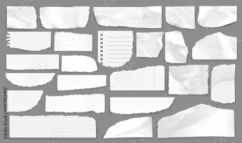 White torn paper rip pieces. Realistic 3d vector ripped blank scraps and scrapbook notes with lines and checkers. Perforated ragged textured memo sheets with spiral holes. Isolated notebook shreds set