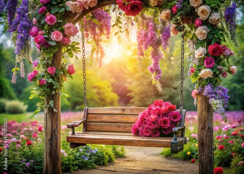 Romantic Floral Swing: Roses & Wisteria Garden Backdrop - Stock Photo