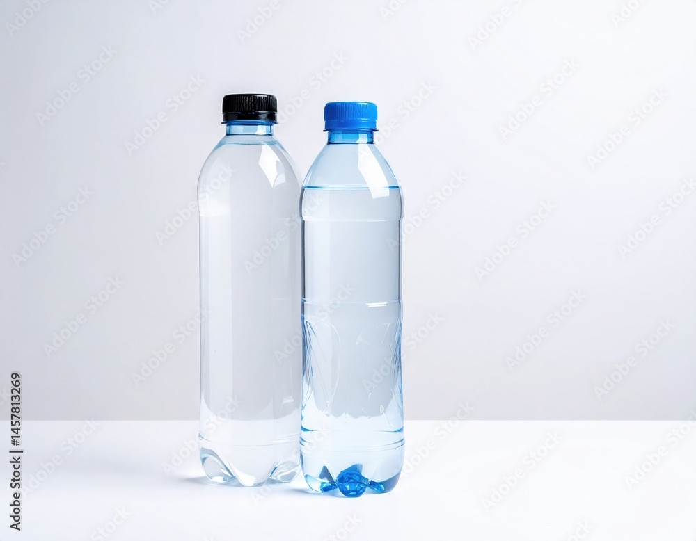 A pair of clear plastic water bottles, one full and glistening with condensation, while the other stands empty, showcasing their sleek design and labels. A pair of clear plastic water bottles, one full and glistening with condensation, while the other stands empty, showcasing their sleek design and labels.