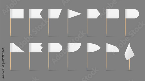 Toothpick flags mockup, white banners of geometric shapes on wooden pointed sticks. Realistic 3d vector set oval, triangular, rectangular double and triple edge pennants for food snacks or cocktails