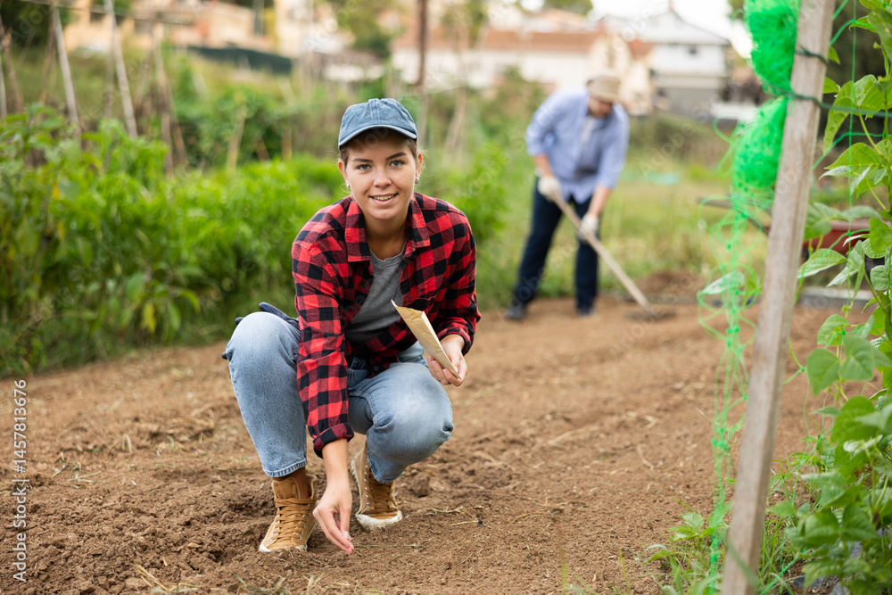 Woman is planting seeds in open ground. She lays out small grains in long ditches. Farmer plants seeds of garden plants in prepared soil, distributes plants throughout garden