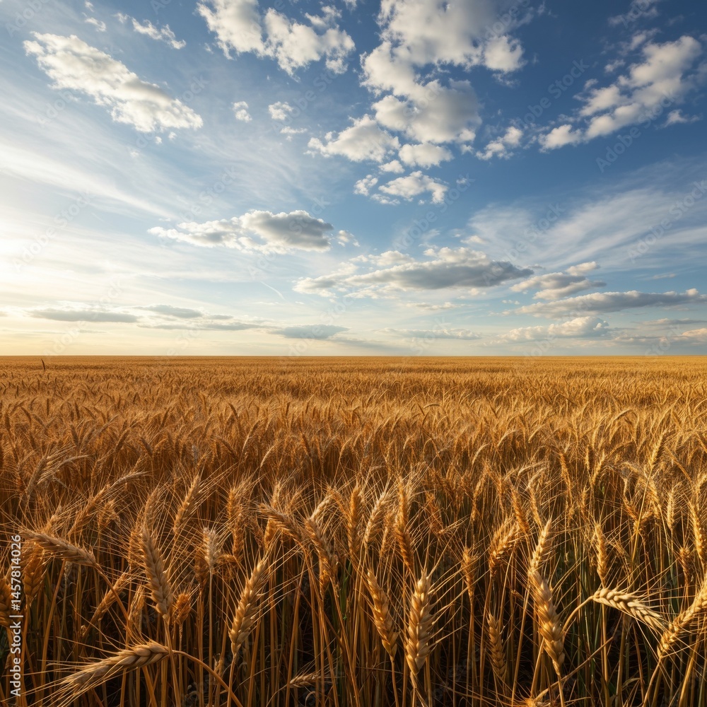 Naklejka premium Golden Wheat Field Under a Sunset Sky