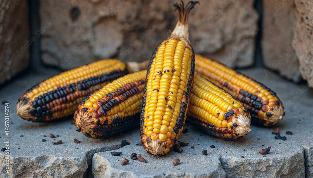 Charred Corn Cobs with Golden-Yellow Kernels on Stone