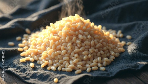 Golden Spanish Rice Pile on Linen Under Morning Light