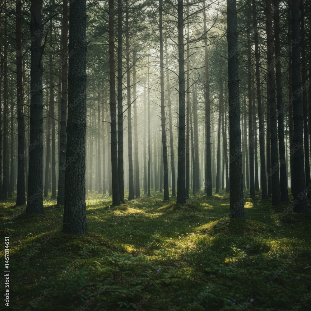 Obraz premium Sunlit Foggy Pine Forest