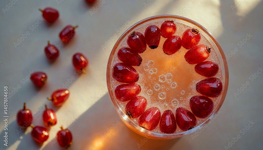 Red Crystal Clusters Around Citrus Beverage at Golden Hour