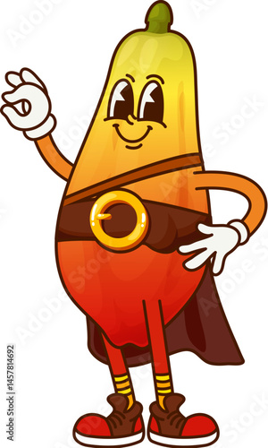 Pirate captain papaya raw fruit groovy funny character. Pirate bandit sweet natural fruit vintage cartoon happy character, corsair sailor raw tropical fruit 60s 70s groovy vector cheerful mascot