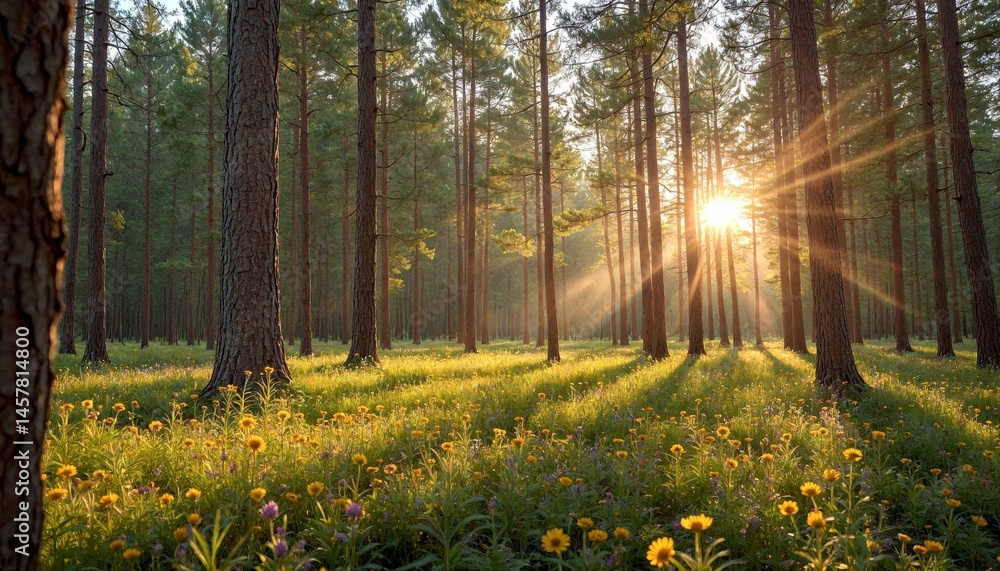 Golden Hour Forest Meadow with Wildflowers