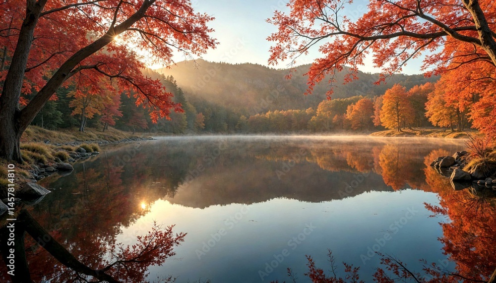 Reflective Lake Surrounded by Autumn Foliage