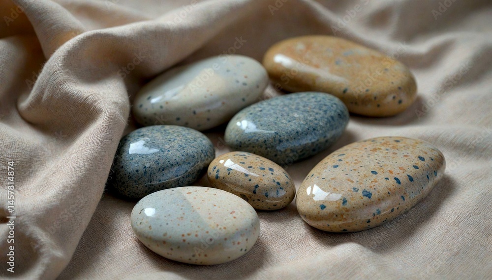 Smooth River Stones on Textured Linen Fabric