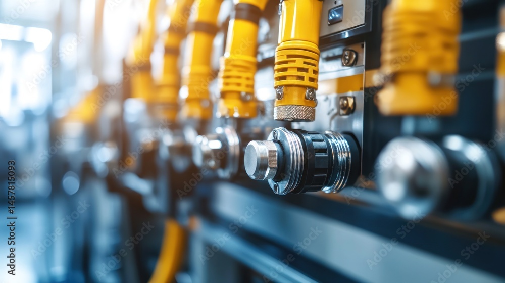 Fototapeta premium Industrial Machinery Close-Up: Precise Engineering and Yellow Hydraulic System