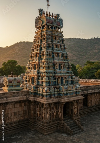 Ornate Stone Temple at Sunrise in South India