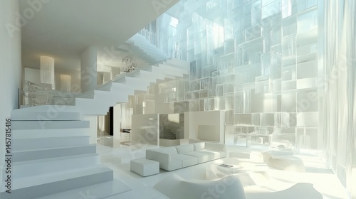 White living room with full-height wall of built-in storage