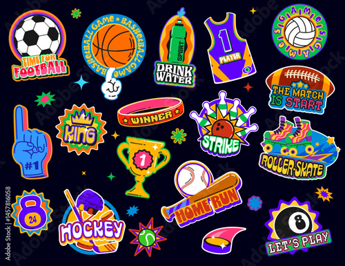 Funky sporting y2k groovy stickers, sport retro labels. Vector sport game and fitness badges of retro y2k football, basketball and volleyball balls. Roller skaters, baseball bat and ball stickers set