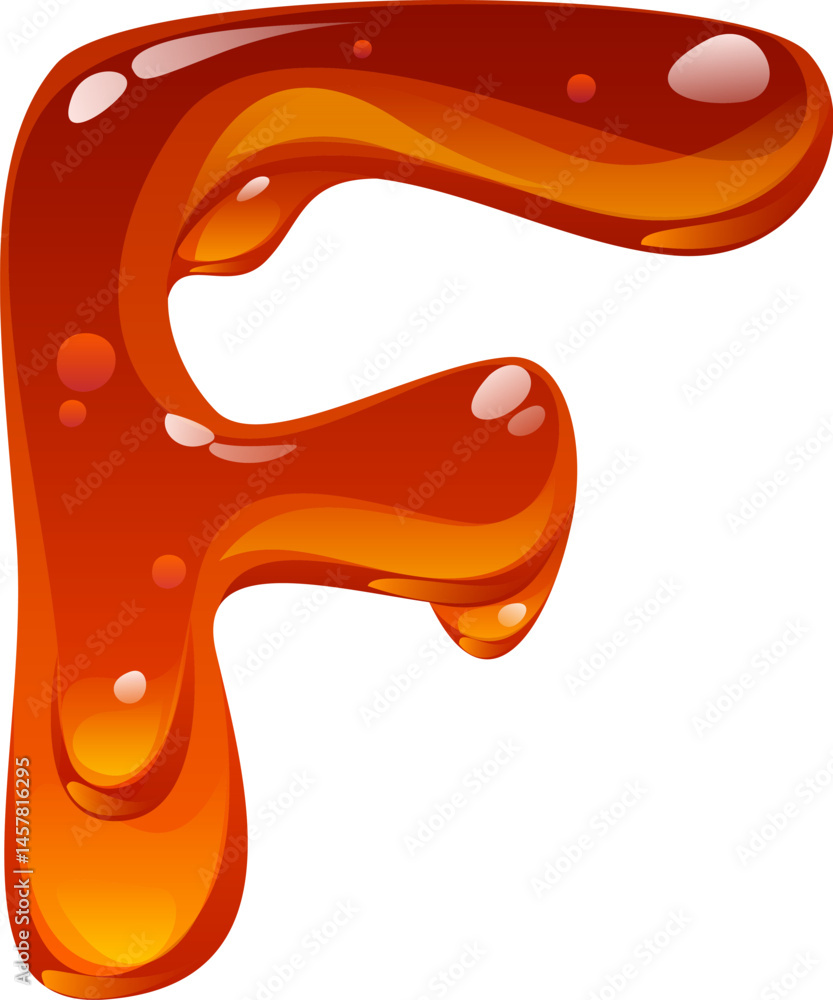 Fototapeta premium Flowing honey cartoon font letter F. Sweet caramel cartoon English alphabet type symbol, tasty candy vector font sign. Yellow amber flow ABC letter or liquid honey typeset element