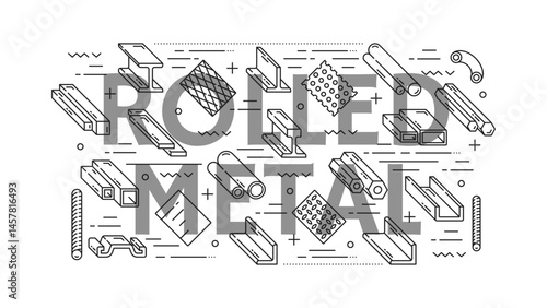 Steel and aluminium rolled metal products icons. Vector line iron bars, pipes and tubes, plate, rod, beam and wire mesh, angles and channels. Metallurgy and construction industry outline icons set
