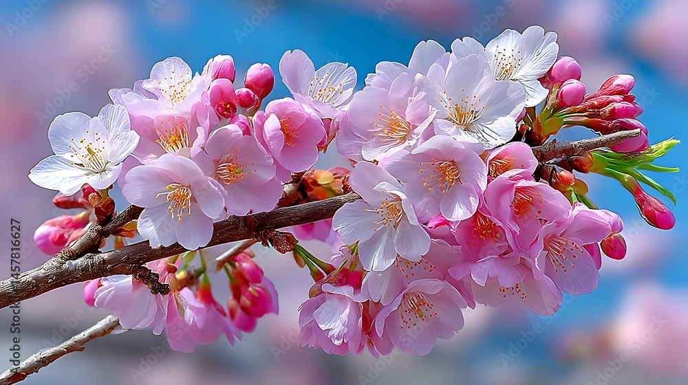 Obraz premium Delicate Pink Cherry Blossom Branch in Full Bloom Against a Soft Blue Sky Background