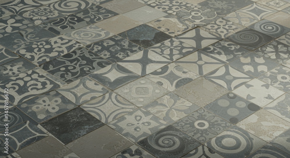 Fototapeta premium Grey and Blue Geometric Mosaic Tile Floor Pattern