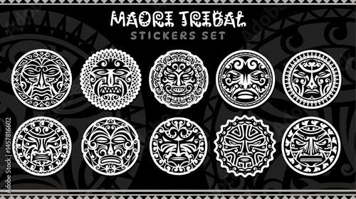 Maori tribal tattoo sticker pack of vector circles with polynesian geometric pattern, sun, moon and monster faces. Maori, samoan, aztec or mayan ethnic ornament round monochrome tattoo stickers set