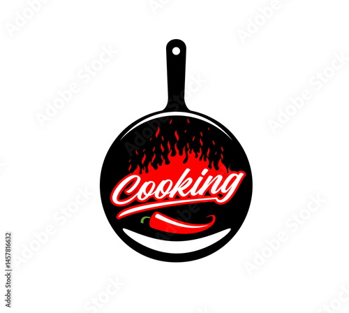 Cook pan icon for kitchen chef food or restaurant and gourmet cuisine, vector symbol. Cooking school icon of pan for gastro bar or BBQ grill menu with chili pepper and fire flames on skillet pan