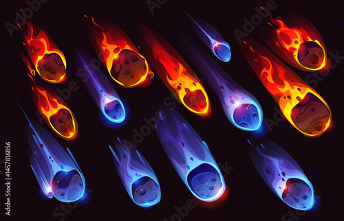 Cartoon comets meteors and ice asteroids. Galaxy space objects with flame trails. Vector falling fiery and glowing meteorites in vibrant red and blue plasma traces. Scifi astronomy or cosmic fireballs