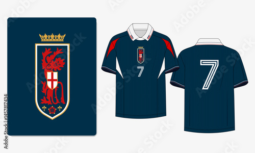 Retro England football jersey with navy base, red and white details, and polo collar. The crest shows a red lion with crown, white cross on shield, fleur-de-lis and Tudor rose. 90s-inspired editable