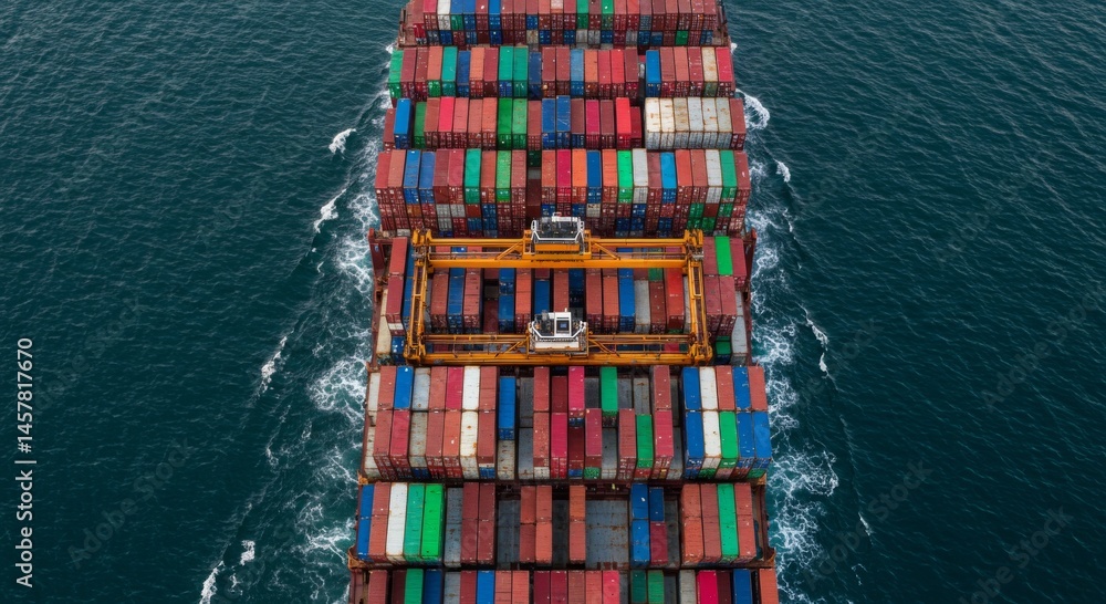 Fototapeta premium Aerial View of a Cargo Ship at Sea with Colorful Containers