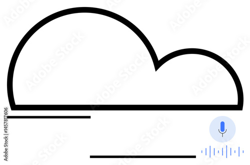 Minimalist cloud icon with horizontal lines and a microphone symbol surrounded by sound waves. Ideal for cloud technology, machine learning, artificial intelligence, voice recognition, speech