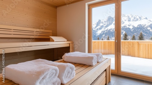 Cozy sauna interior overlooking snow-capped mountains in winter