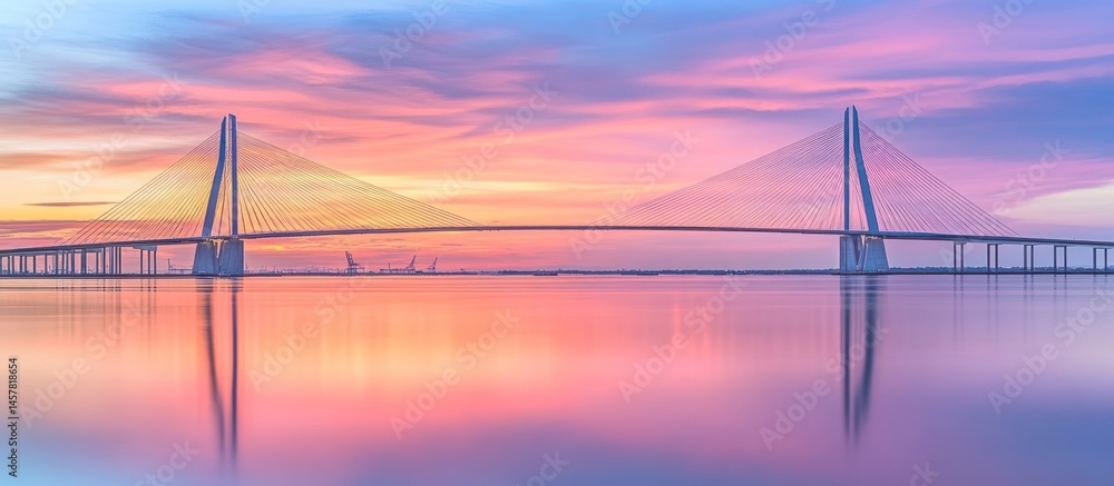 Obraz premium Suspension bridge over tranquil water reflecting colorful dawn sky scenery