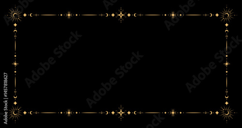 Esoteric celestial frame. Vector mystical magic decorative empty border, adorned with golden stars, suns, moons and lines. Mystic boho style magical, astrological background with golden space symbols