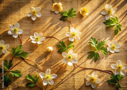 Rustic Spring Flat Lay: Delicate Wood Anemones on Yellow Textile